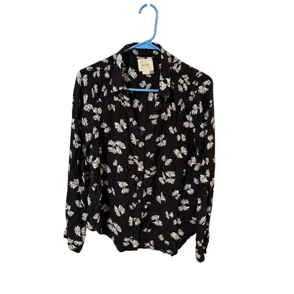 Maeve Anthropologie Size 8 Black White Bow Print Button Down Blouse